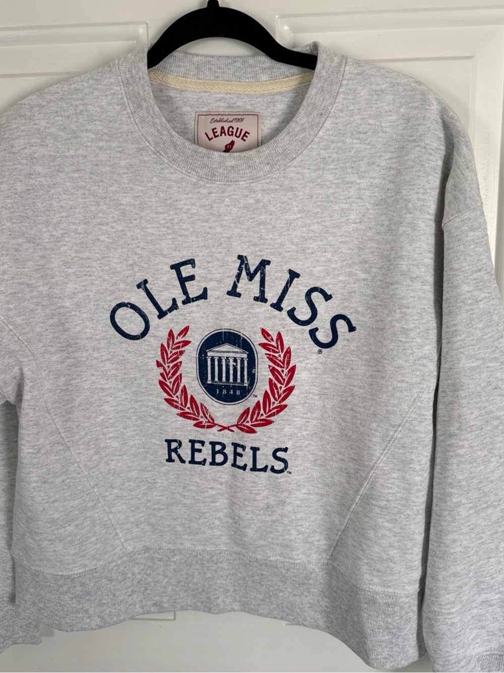 League Small Light Gray Sweatshirt with Red Logo Patch